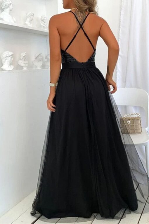 Sexy Patchwork Sequins Backless Spaghetti Strap Long Dress - Image 3