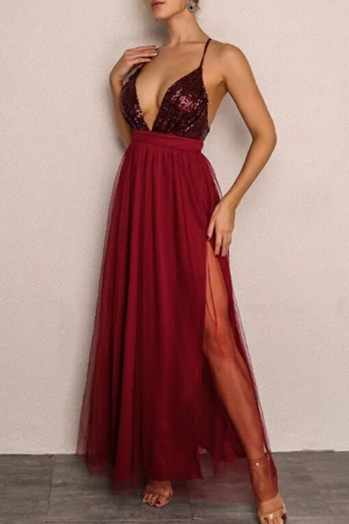 Sexy Patchwork Sequins Backless Spaghetti Strap Long Dress - Image 4