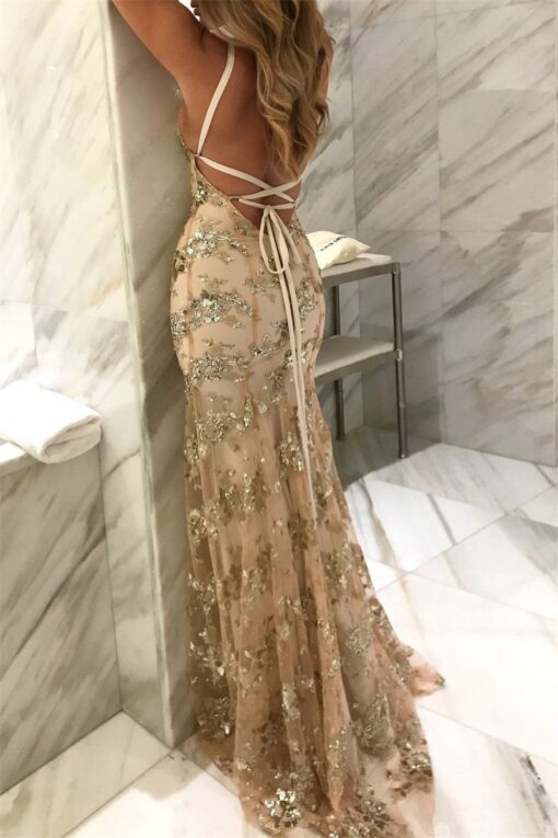 Sexy Patchwork Sequins Backless Spaghetti Strap Long Dress Dresses - Image 4