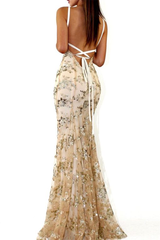 Sexy Patchwork Sequins Backless Spaghetti Strap Long Dress Dresses - Image 2