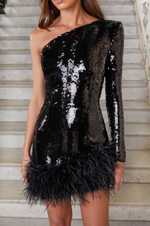 Sexy Patchwork Sequins Feathers Backless Oblique Collar Long Sleeve Dresses - Image 5