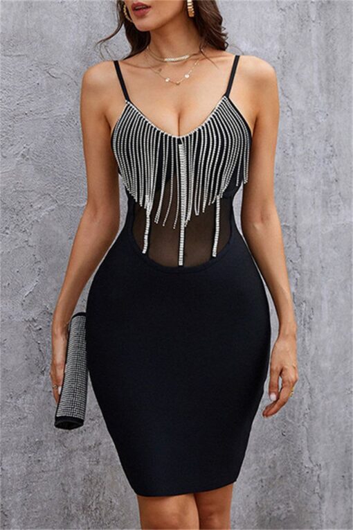 Sexy Patchwork Tassel See-through Backless Spaghetti Strap Sleeveless Dress Dresses - Image 3