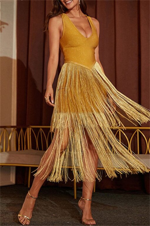 Sexy Patchwork Tassel V Neck Evening Dress - Image 4