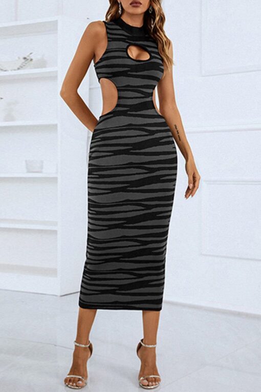 Sexy Print Hollowed Out O Neck Long Dress Dresses