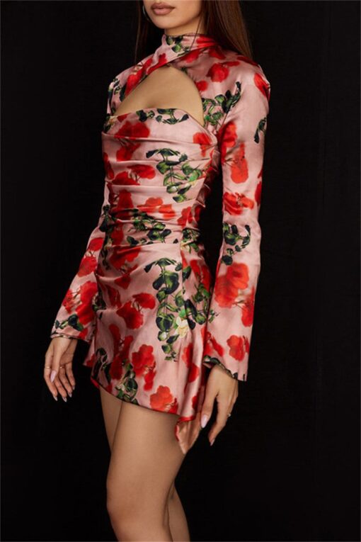 Sexy Print Hollowed Out Patchwork Half A Turtleneck Long Sleeve Dresses - Image 4