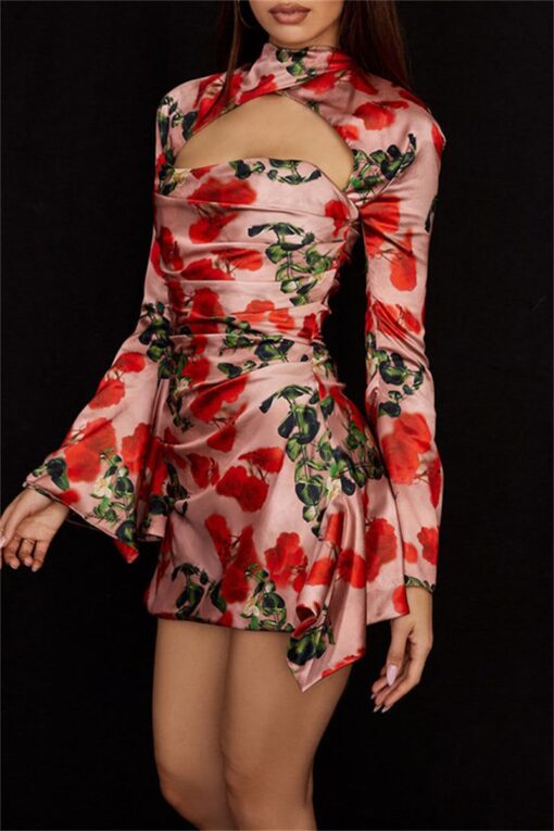 Sexy Print Hollowed Out Patchwork Half A Turtleneck Long Sleeve Dresses - Image 2