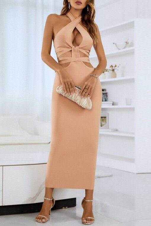 Sexy Solid Bandage Hollowed Out Backless Halter One Step Skirt Dresses