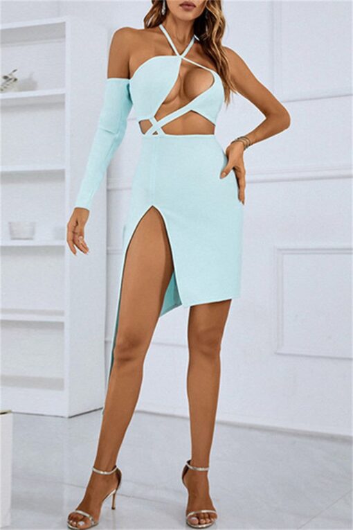 Sexy Solid Bandage Hollowed Out Patchwork Halter Irregular Dress Dresses - Image 2