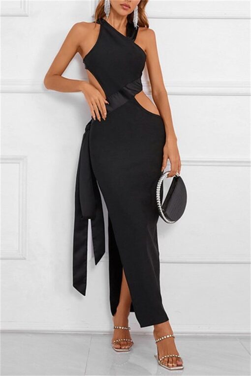 Sexy Solid Hollowed Out Backless Slit Oblique Collar Bandage Dress Dresses