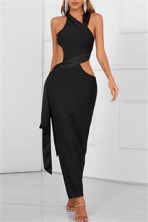 Sexy Solid Hollowed Out Backless Slit Oblique Collar Bandage Dress Dresses - Image 2