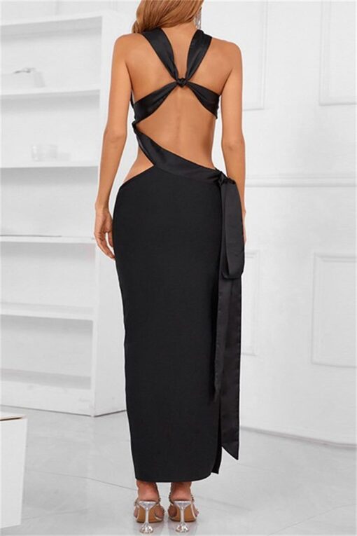 Sexy Solid Hollowed Out Backless Slit Oblique Collar Bandage Dress Dresses - Image 4