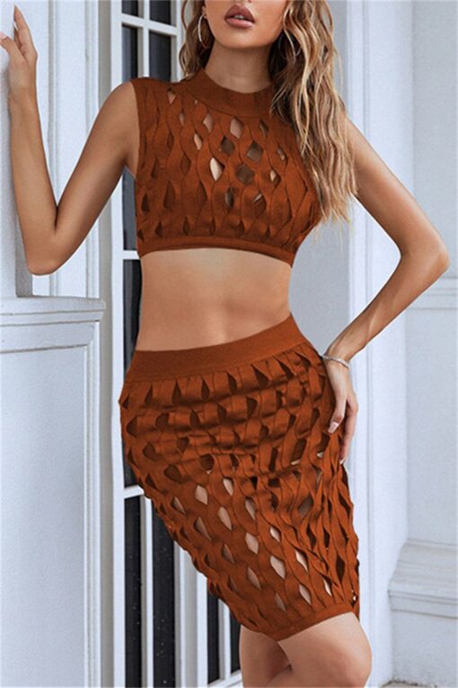 Sexy Solid Hollowed Out O Neck Sleeveless Two Pieces - Image 2