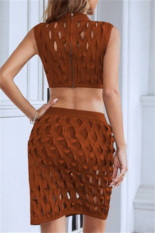 Sexy Solid Hollowed Out O Neck Sleeveless Two Pieces - Image 5