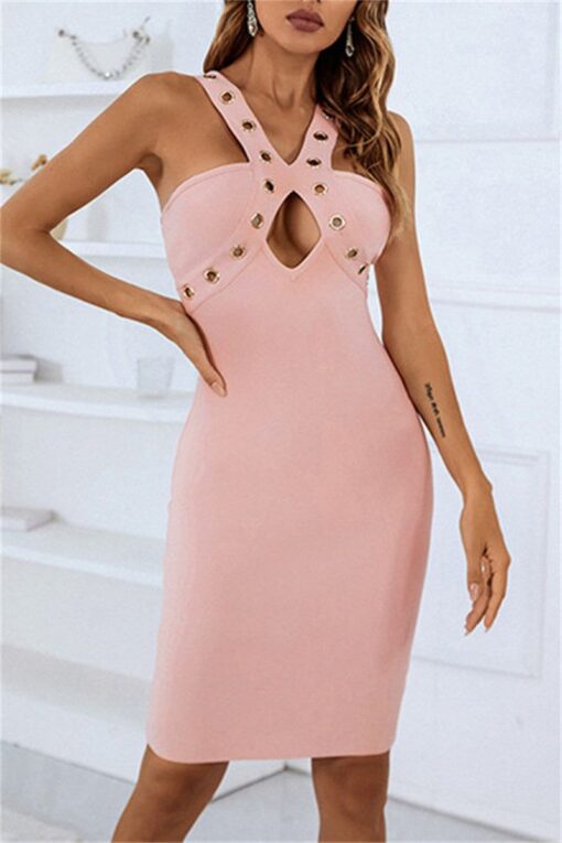 Sexy Solid Hollowed Out Patchwork Backless V Neck Sleeveless Dress - Image 9