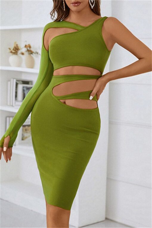 Sexy Solid Hollowed Out Patchwork Oblique Collar Irregular Dress Dresses - Image 3