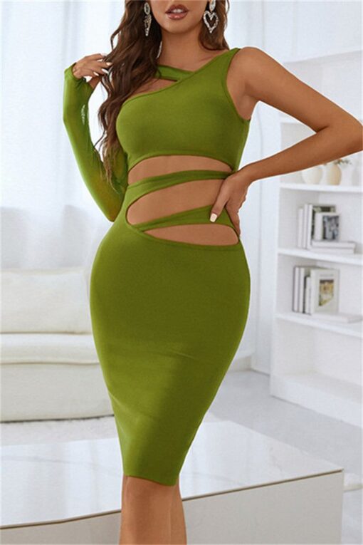 Sexy Solid Hollowed Out Patchwork Oblique Collar Irregular Dress Dresses - Image 6