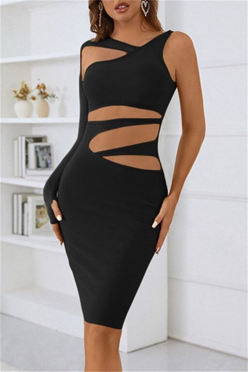 Sexy Solid Hollowed Out Patchwork Oblique Collar Irregular Dress Dresses - Image 4