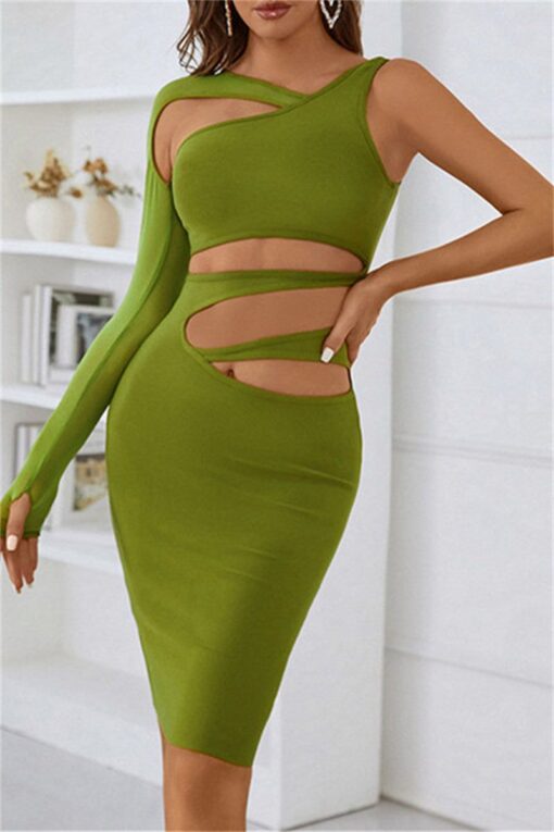 Sexy Solid Hollowed Out Patchwork Oblique Collar Irregular Dress Dresses - Image 7