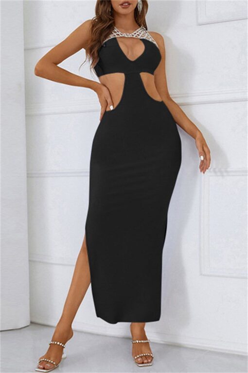 Sexy Solid Hollowed Out Patchwork Slit O Neck One Step Skirt Dresses - Image 7