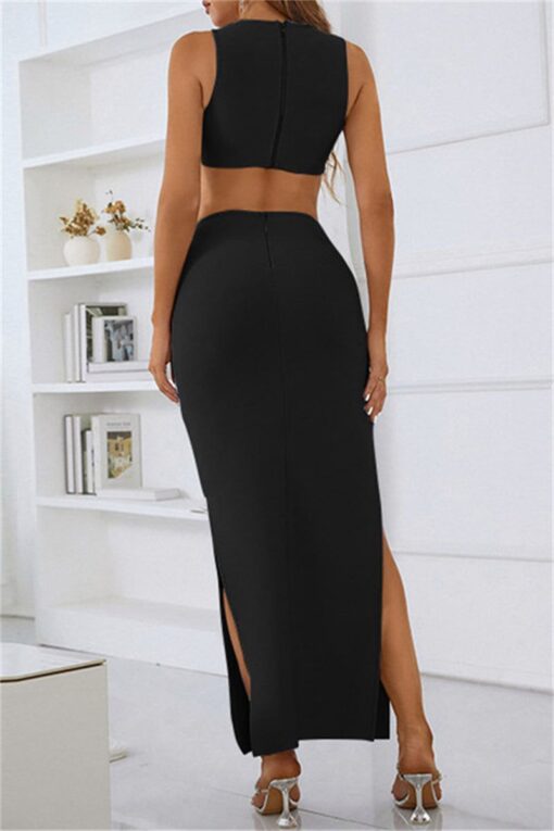 Sexy Solid Hollowed Out Patchwork Slit O Neck One Step Skirt Dresses - Image 8