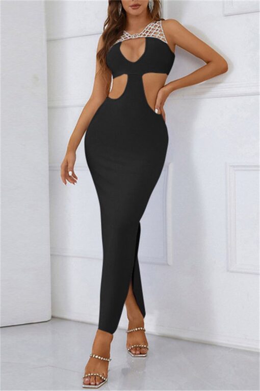 Sexy Solid Hollowed Out Patchwork Slit O Neck One Step Skirt Dresses - Image 12