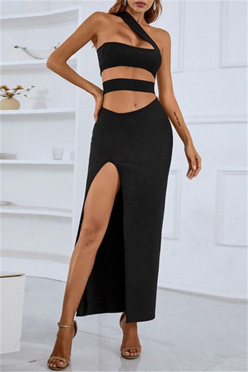 Sexy Solid Hollowed Out Patchwork Slit Oblique Collar One Step Skirt Dresses