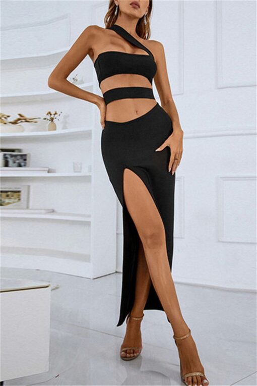 Sexy Solid Hollowed Out Patchwork Slit Oblique Collar One Step Skirt Dresses - Image 3