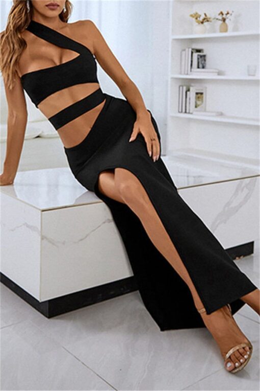 Sexy Solid Hollowed Out Patchwork Slit Oblique Collar One Step Skirt Dresses - Image 2