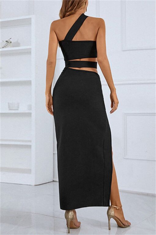 Sexy Solid Hollowed Out Patchwork Slit Oblique Collar One Step Skirt Dresses - Image 5