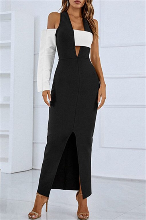 Sexy Solid Hollowed Out Patchwork Slit V Neck Evening Dress Dresses