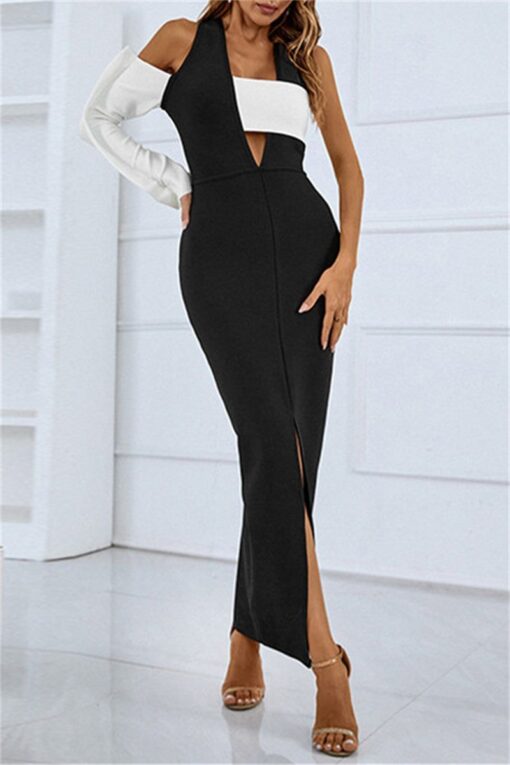 Sexy Solid Hollowed Out Patchwork Slit V Neck Evening Dress Dresses - Image 3