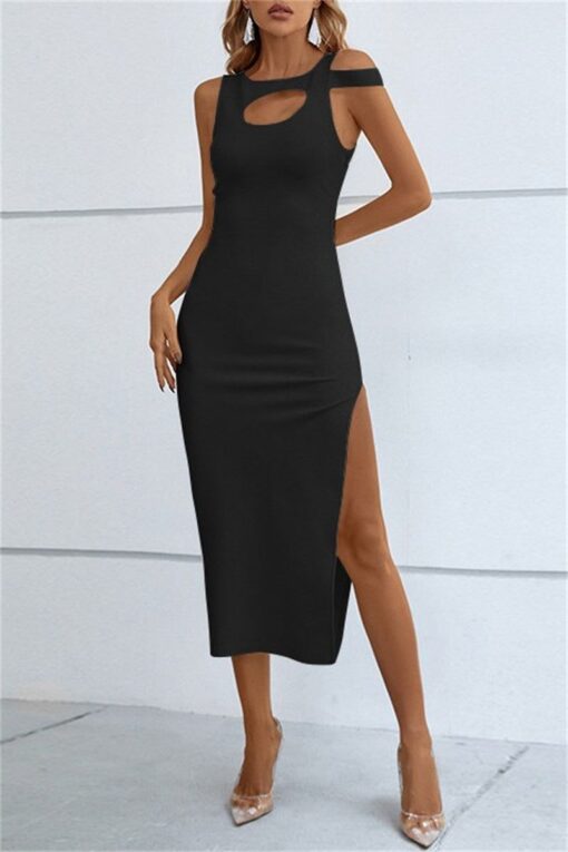 Sexy Solid Hollowed Out Slit O Neck Bandage Dress Dresses - Image 3