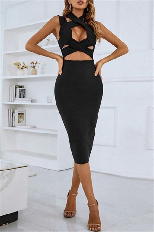 Sexy Solid Hollowed Out V Neck Sleeveless Dress