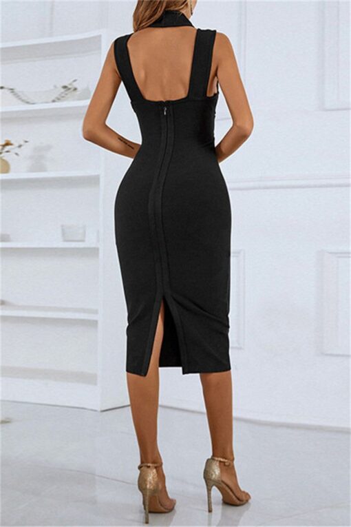 Sexy Solid Hollowed Out V Neck Sleeveless Dress - Image 2