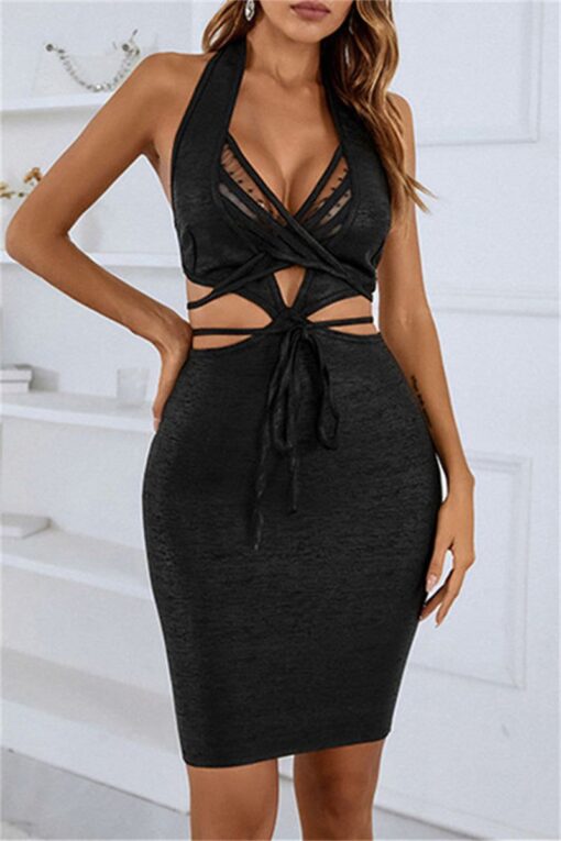 Sexy Solid Patchwork Frenulum Backless Halter Sleeveless Dress Dresses