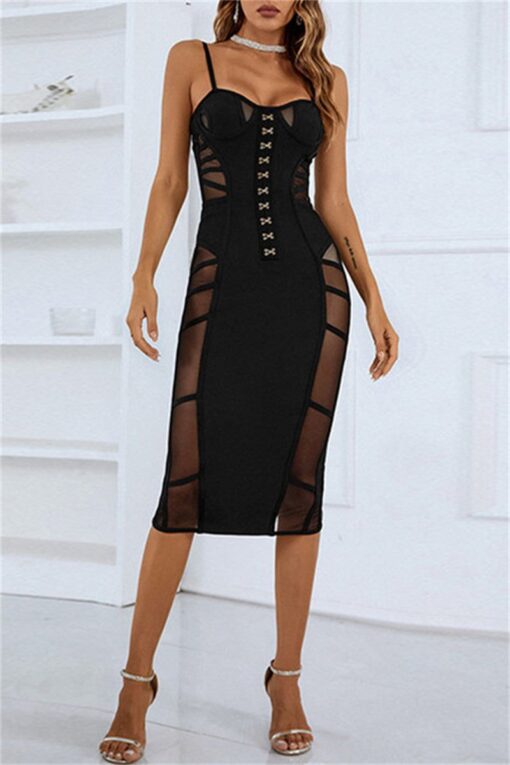 Sexy Solid Patchwork See-through Backless Spaghetti Strap Evening Dress Dresses