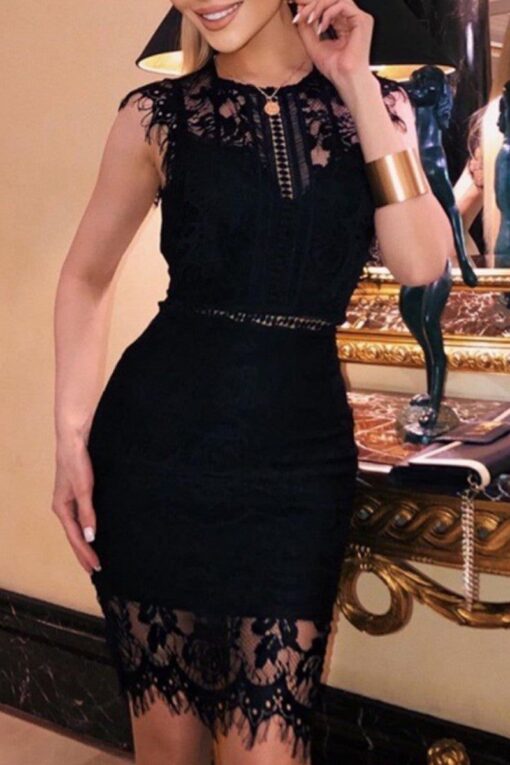 Sexy Solid Patchwork See-through O Neck Sleeveless Dress Dresses - Image 3