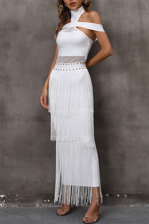 Sexy Solid Tassel Patchwork Turtleneck Long Dress Dresses - Image 6