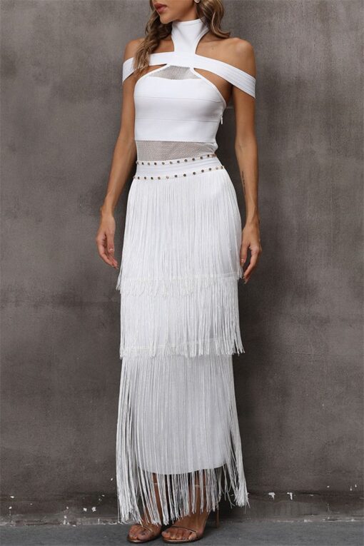 Sexy Solid Tassel Patchwork Turtleneck Long Dress Dresses - Image 10