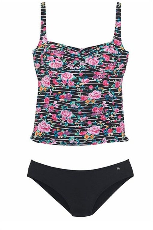 Striped Design With Floral Print Tankini Set - Image 2