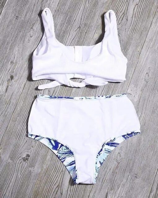 Tie Front Leaf Print High Waist Bikini Set - Image 4