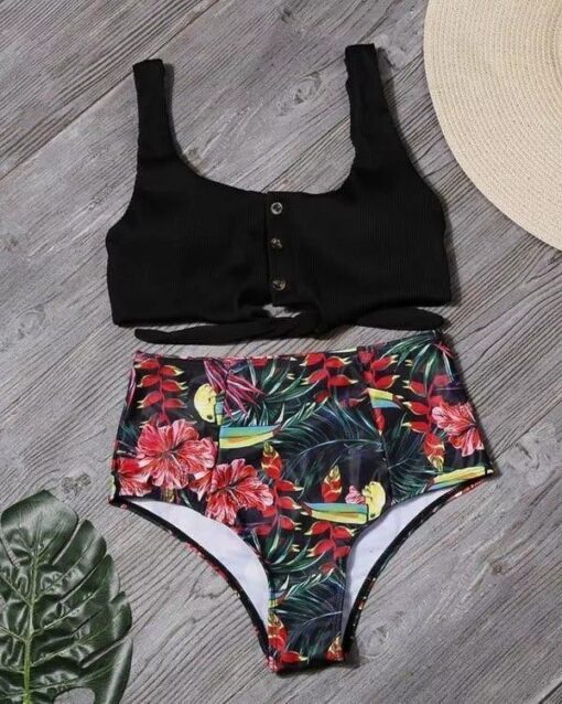 Tie Front Leaf Print High Waist Bikini Set - Image 6