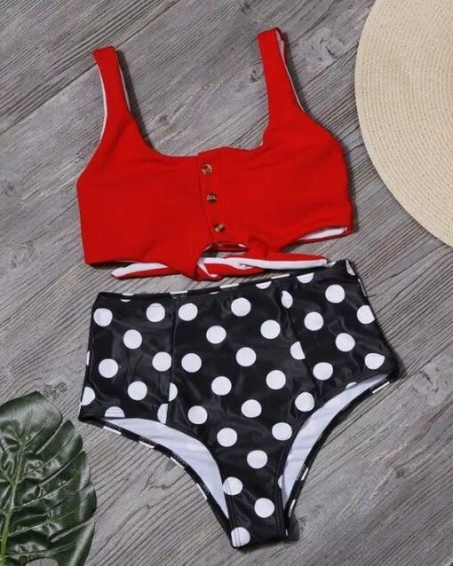 Tie Front Leaf Print High Waist Bikini Set - Image 5