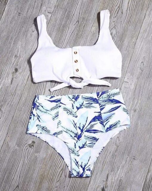 Tie Front Leaf Print High Waist Bikini Set - Image 3