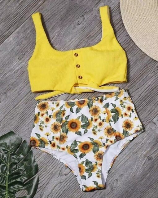 Tie Front Leaf Print High Waist Bikini Set - Image 7