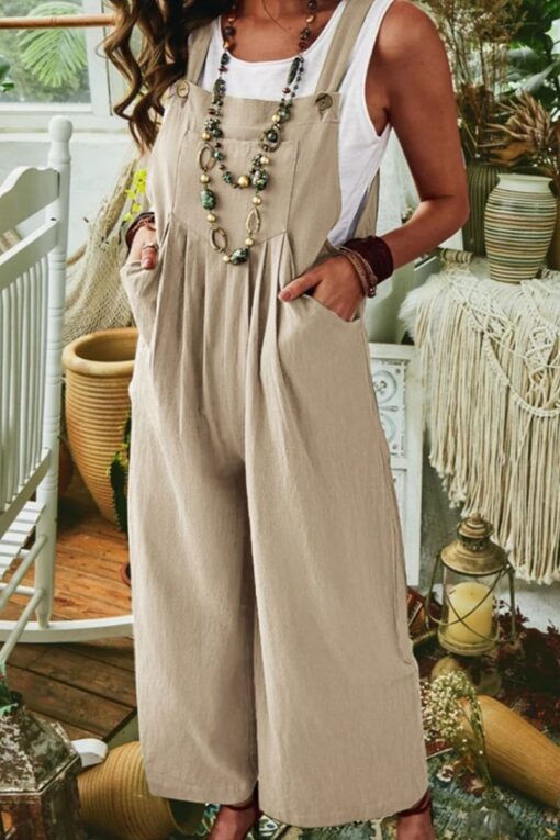 Women's Plain Sleeveless Loose Fitting Jumpsuit With Pockets - Image 7