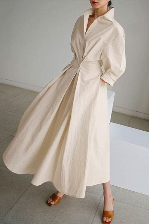 Women's Solid Pocket Button Lapel Long Sleeve Maxi Shirt Dress - Image 2