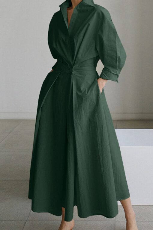 Women's Solid Pocket Button Lapel Long Sleeve Maxi Shirt Dress - Image 4