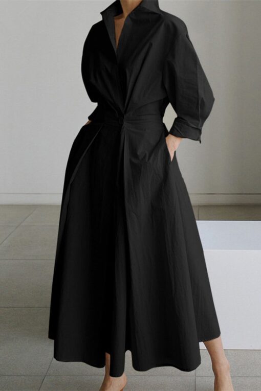 Women's Solid Pocket Button Lapel Long Sleeve Maxi Shirt Dress - Image 6