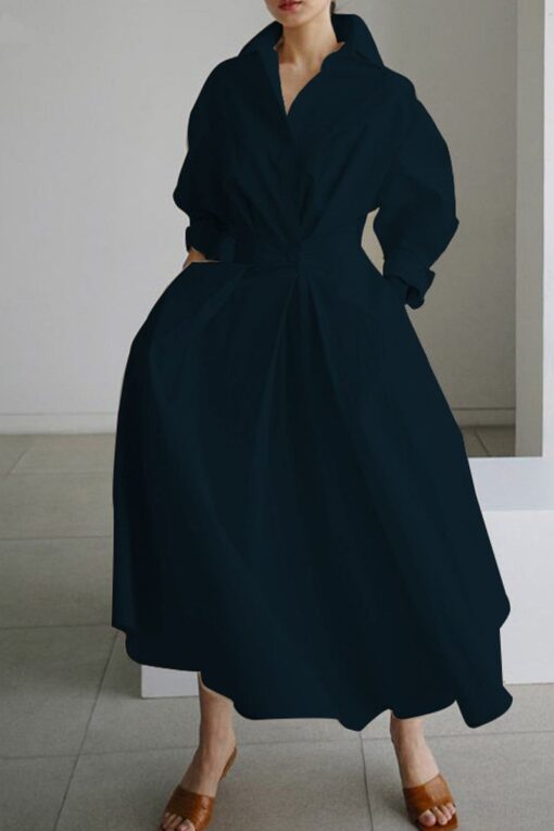 Women's Solid Pocket Button Lapel Long Sleeve Maxi Shirt Dress - Image 5